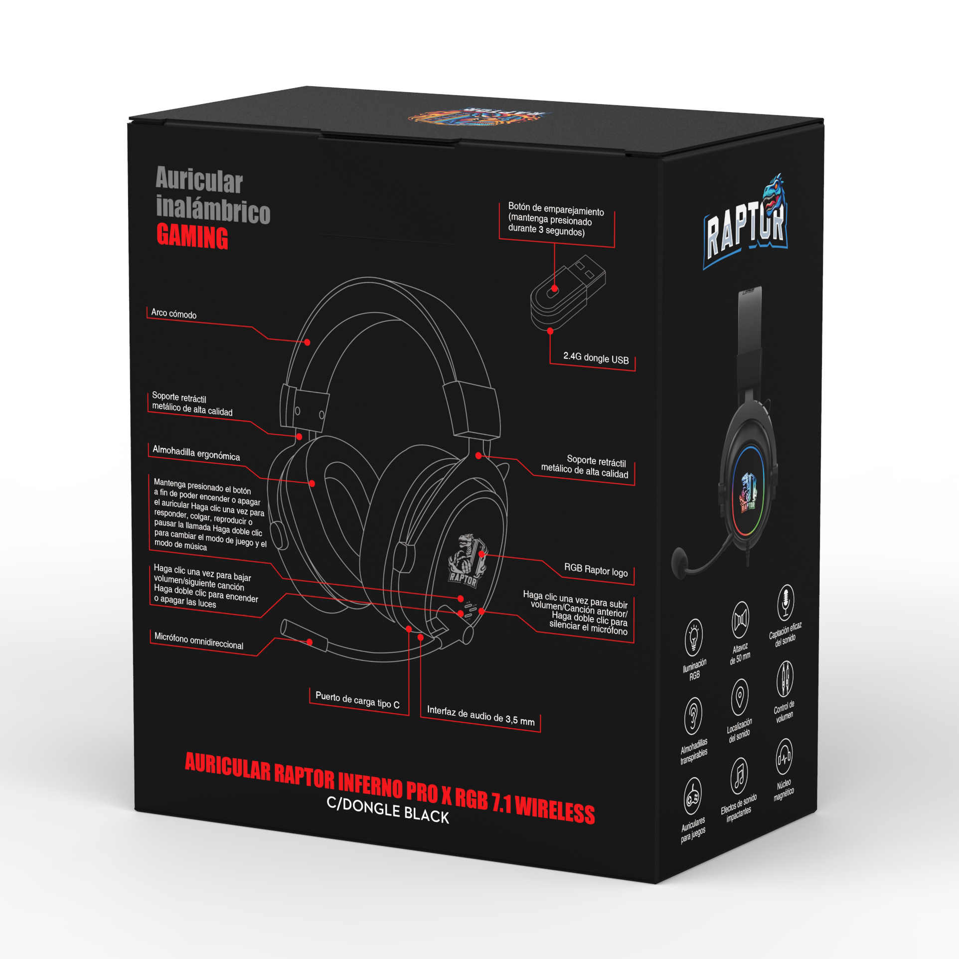 Auricular Gamer Raptor Inferno Pro RGB 7.1 USB Negro (7169) - I-Computacion