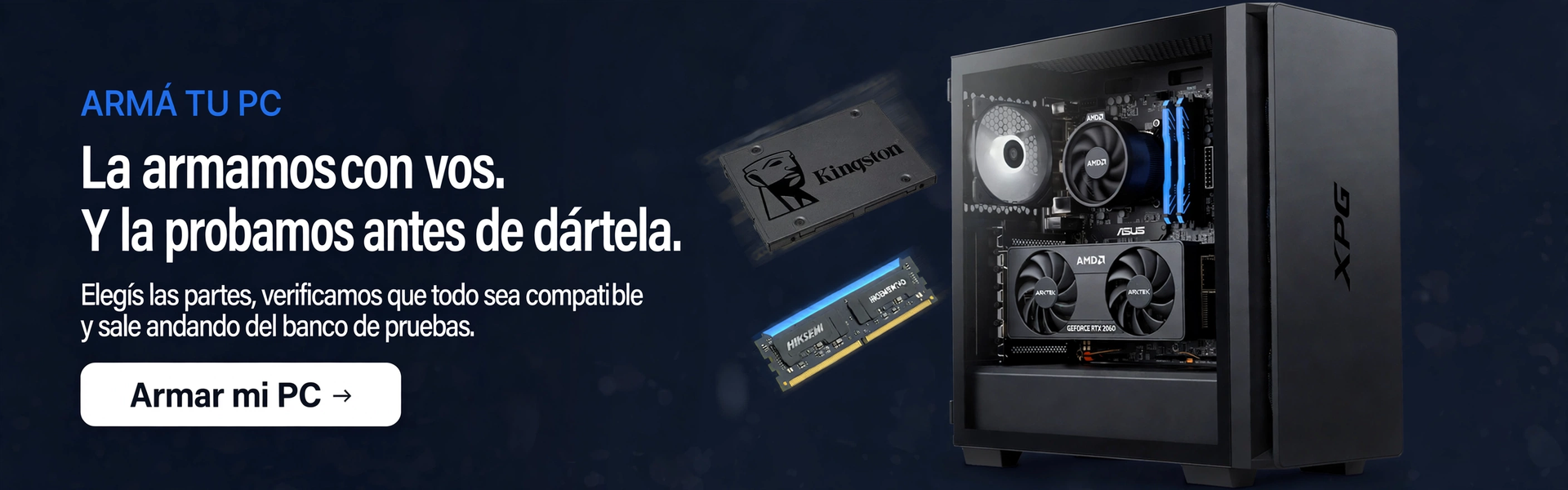 Armá tu PC a medida en La Plata: elegís las partes, verificamos la compatibilidad y la probamos antes de entregarla. Armar mi PC.